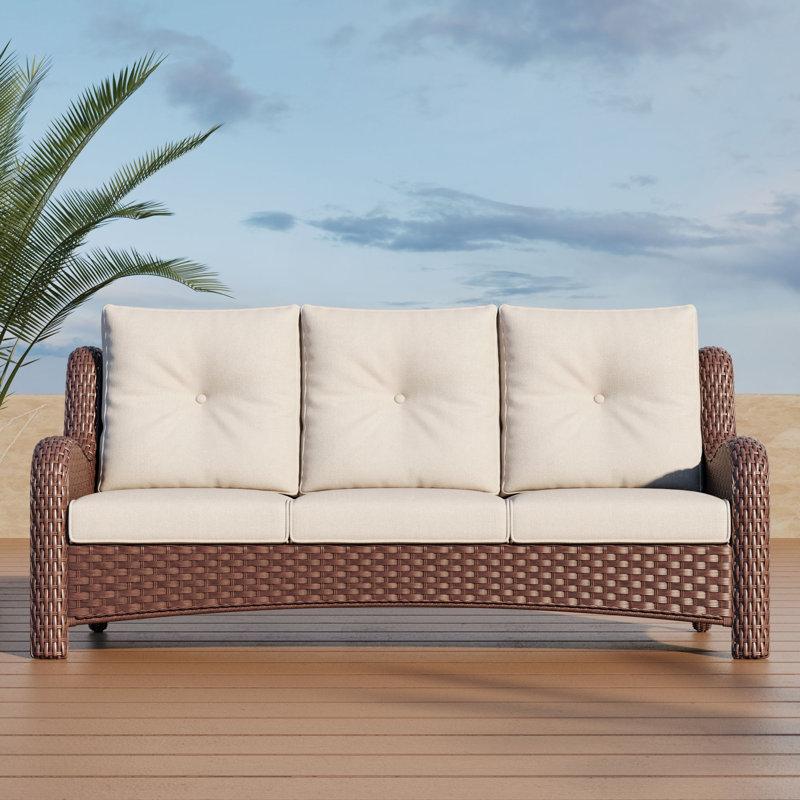 184.9cm Wide Metal Patio Sofa with Cushions, Beige, Brown