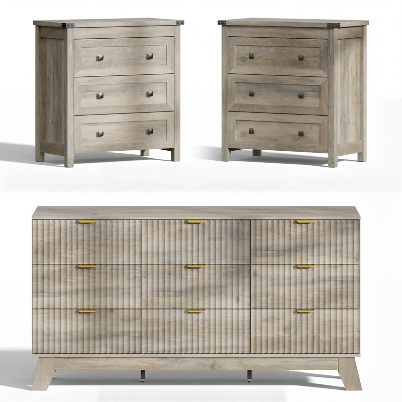 Ensemble de chambre à coucher moderne 3 pièces, commode double 9 tiroirs l 57 po avec 2 tables de chevet 26,4 po l, Gris