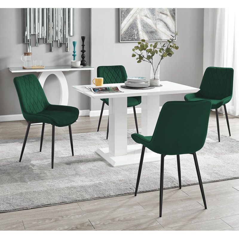Edzard Double Pedestal High Gloss Dining Table Set with 4 Luxury Velvet Dining Chairs, Green/Black