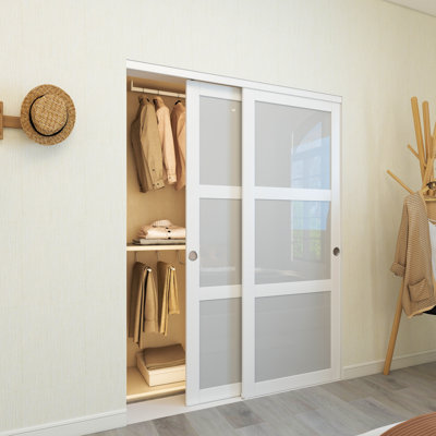 60"X80" 3-Lite Vinyl Wrapped White Painted Glass Solid Core Sliding Closet Doors With Hardware Kit(Pre-Assembled Door)