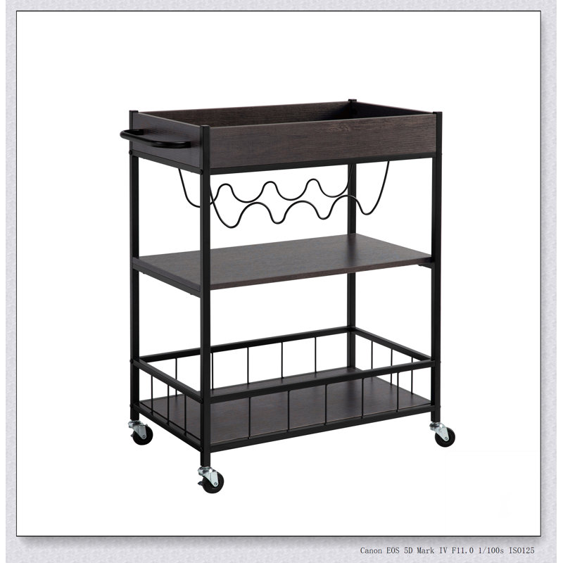 Durable Rolling Kitchen Cart with Three Tiers, Four Wine Bottle Rack, and Metal Frame for Efficient Storage and Mobility