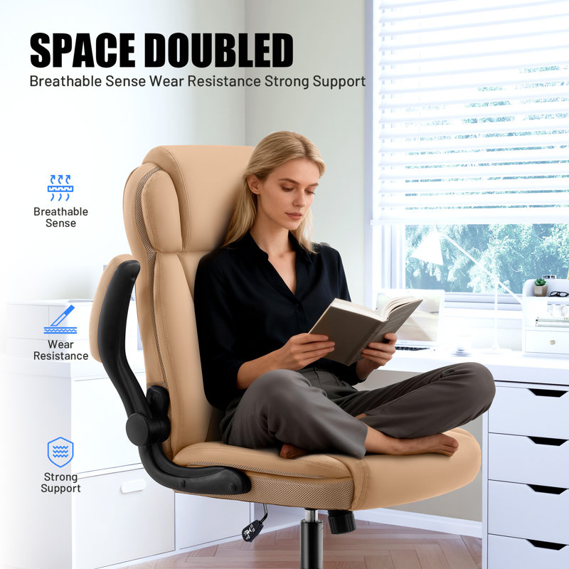 Ergonomic High-Back PU Leather Office Chair with 120° Recline & Flip-Up Arms - Home Office Desk Chair for Work, Study, Gaming, 300LBS Capacity (Khaki)