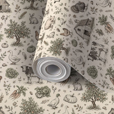 Peel and Stick Wallpaper Contact Paper Farm Animals Barnyard Cows Pigs Chickens Rabbits Self Adhesive and Removable 17.7in x 118in(45x300cm)