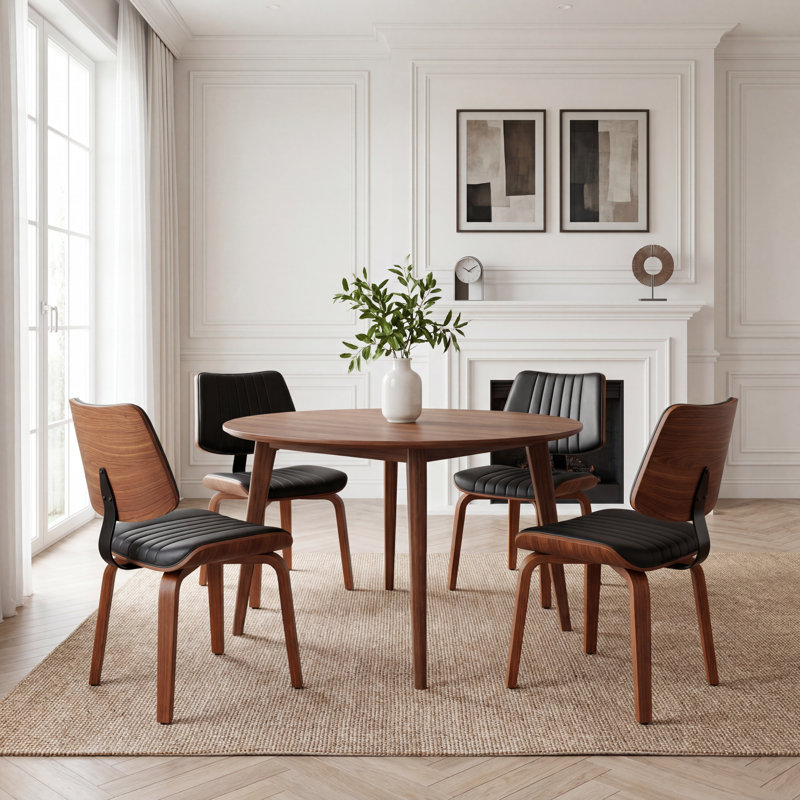 Modern Upholstered Faux Leather Dining Chairs with Walnut Bentwood Frame, 4, Black