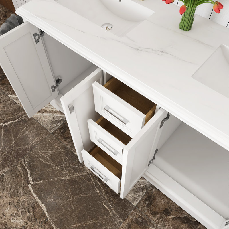 Ensemble de meuble-lavabo autoportant 60 po avec plateau en pierre d'ingénierie Marjina, Blanc, Nickel brossé