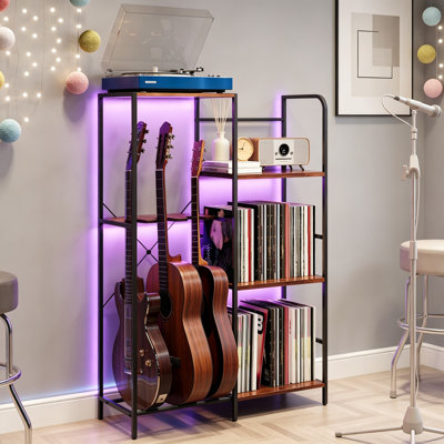Support pour guitare avec support pour tourne-disque, tablette à 3 niveaux pour rangement d'amplis et de vinyles, pouvant accueillir 3 guitare pour Home Studio de musique