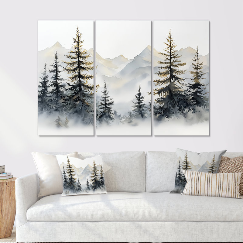 Green Pine Tree Misty Mountain - ensemble de reproductions d'art mural pin, Toile tendue, H 40 po x l 60 po x P 1 po