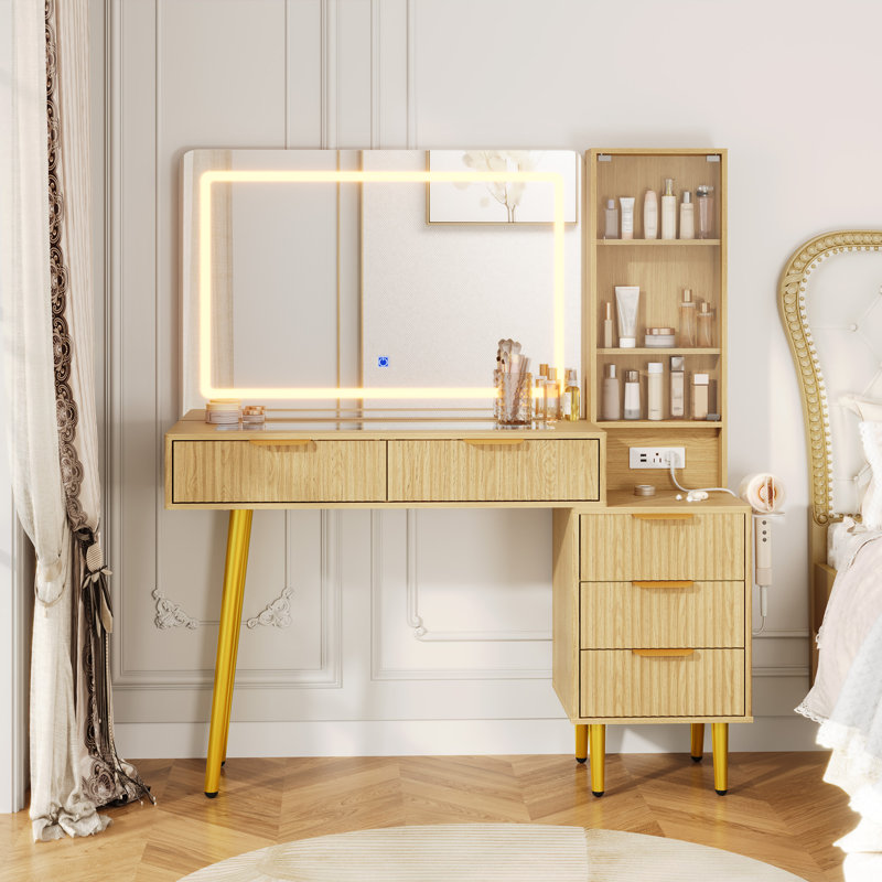 48 po Meuble-lavabo cannelé de 48 po, grande coiffeuse moderne avec miroir en verre, lumières DEL, prise de courant, table de maquillage pour la chambre à coucher
