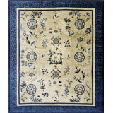 Antique Ivory Beige Cream White Rectangle Hand Knotted Pile 1900s Wool Allover Floral Rug