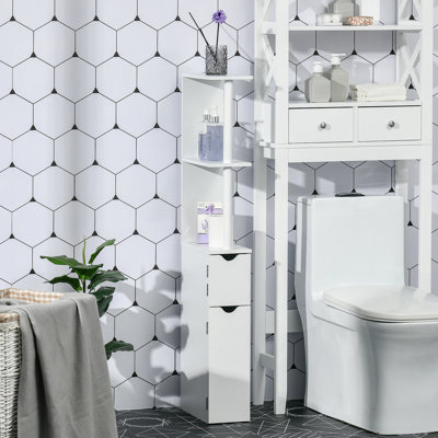 Grande armoire de rangement pour salle de bain, tour à linge autoportante avec 2 tablettes ouvertes et 2 armoires à portes