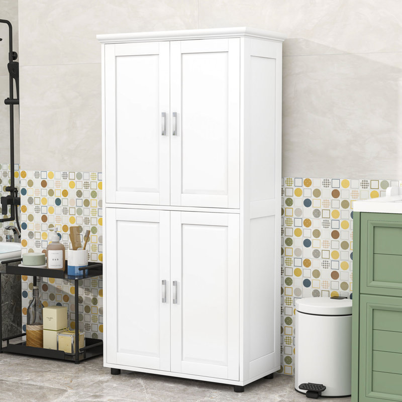 Grande armoire de rangement en bois pour salle de bain avec tablettes réglables, dispositif anti-basculement et beaucoup de rangement