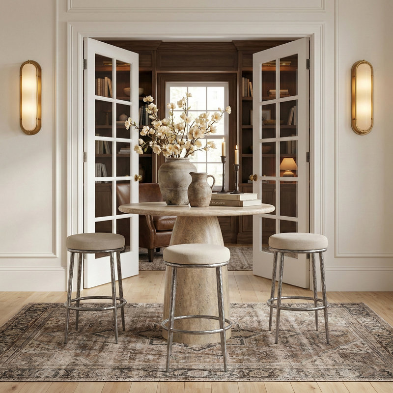 Tabouret de bar rembourré Ferro, Argent argent, Tissu performance crème
