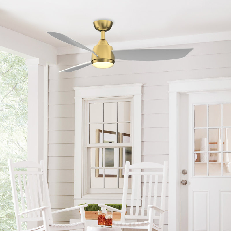 Ventilateur de plafond intérieur / extérieur 52 po avec éclairage à DEL Annemijn, Laiton satiné brossé / blanc mat