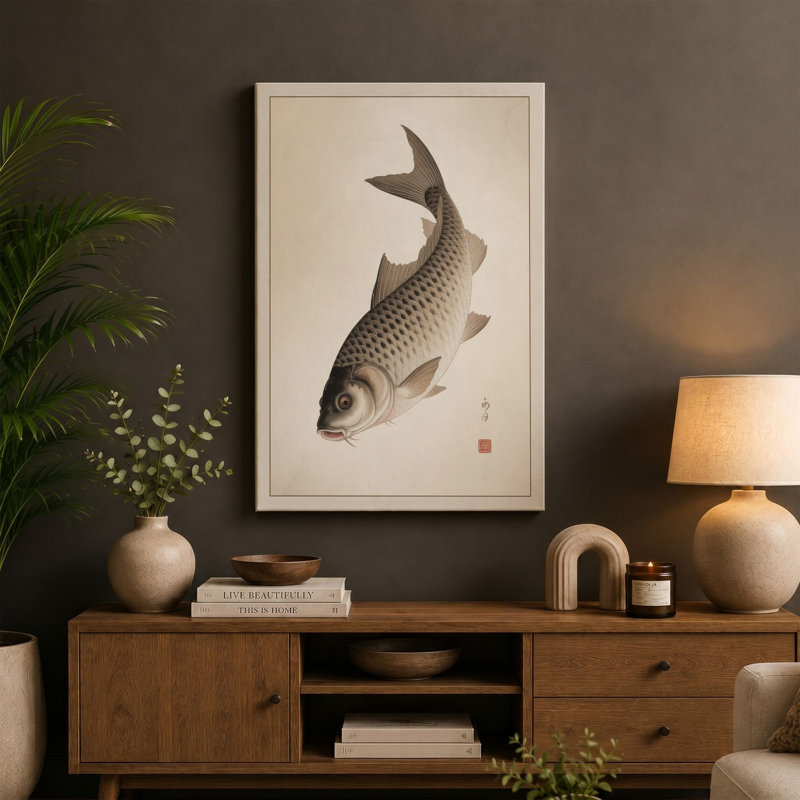 Carp in Contemplation Japandi - Wrapped Canvas, 30x20 - 76.2 x 50.8 cm, Cream Border