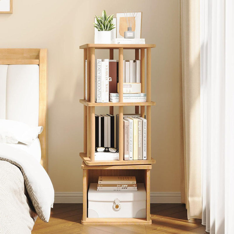 Bibliothèque pivotante en bois de hêtre avec base de rangement, étagère rotative compacte autoportante - chêne