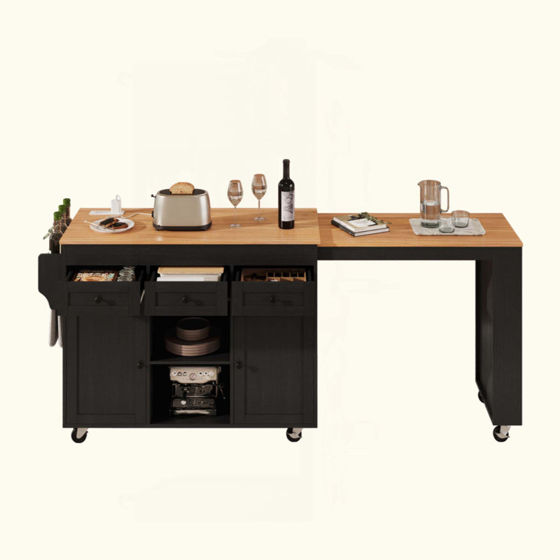 Îlot de cuisine 85,5 po avec table de salle à manger extensible, table de rangement de cuisine avec 3 tablettes ouvertes latérales, îlot de cuisine roulant avec prise de courant, 3 tiroirs, 2 portes, pour la cuisine, la salle à manger