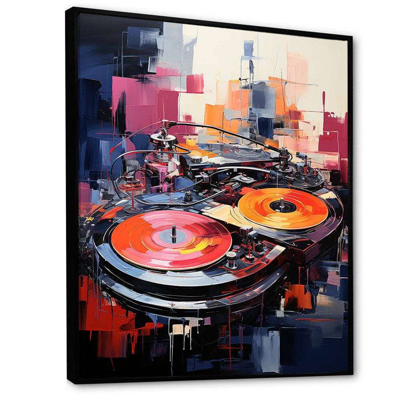 Pop Art Dj Turntables I - Art mural sur platines et boites, Cadre flottant noir, H 32 po x l 24 po x P 1 po