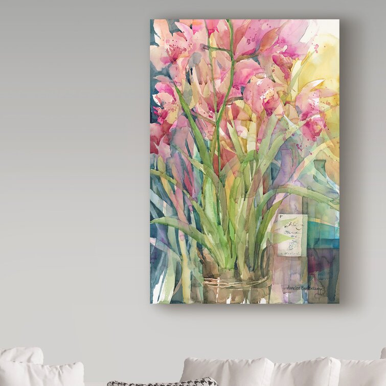 'Orchid Gathering' Watercolor Painting Print on Wrapped Canvas