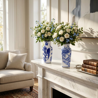 Elegant Chinoiserie Buds Ceramic Vase For Table Display - Traditional Tall Home Decor Accent For Living Room Flower Arrangement - Set Of 2, 6" Blue & White