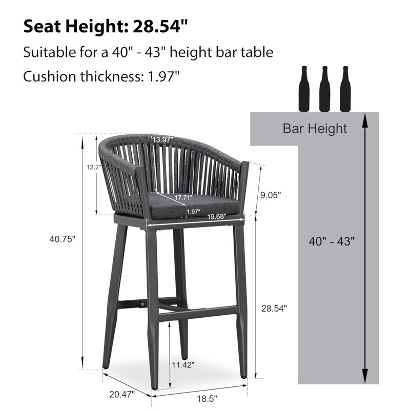 Ensemble de 2 tabourets de bar George Oliver en osier avec coussin haute densité pour patio, Gris, Gris