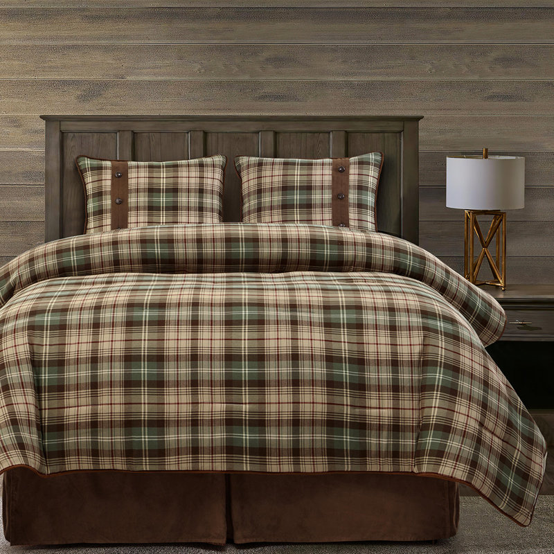 Twin Brown Cotton Plaid Comforter Set with Textured Accents