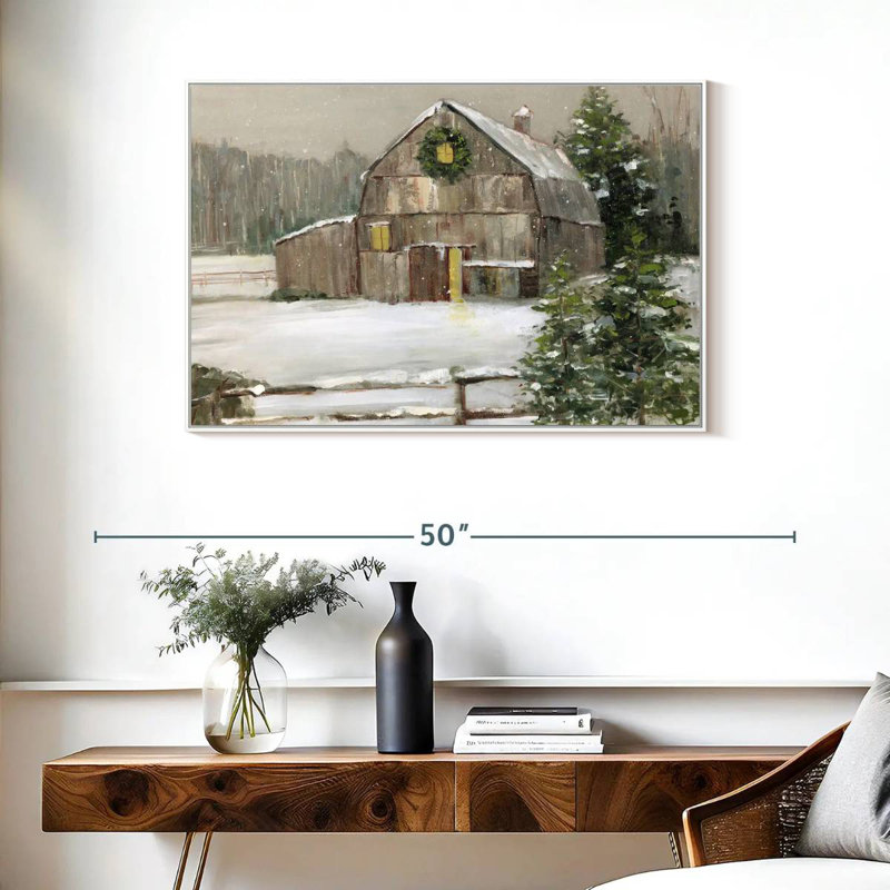 Grange enneigée, Cadre flottant blanc, 37 po x 25 po