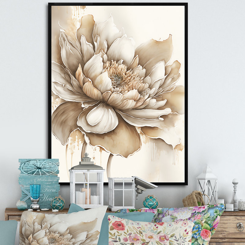 Indigold Beige Flower III - Art mural sur toile floral et botanique, H 44 po x l 34 po x P 1,5 po, Cadre flottant noir