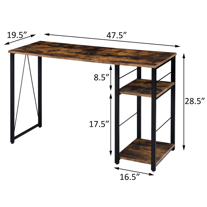 Bureau rustique en chêne vieilli et noir avec 2 tablettes pour le rangement des tablettes d'ordinateur rectangulaires