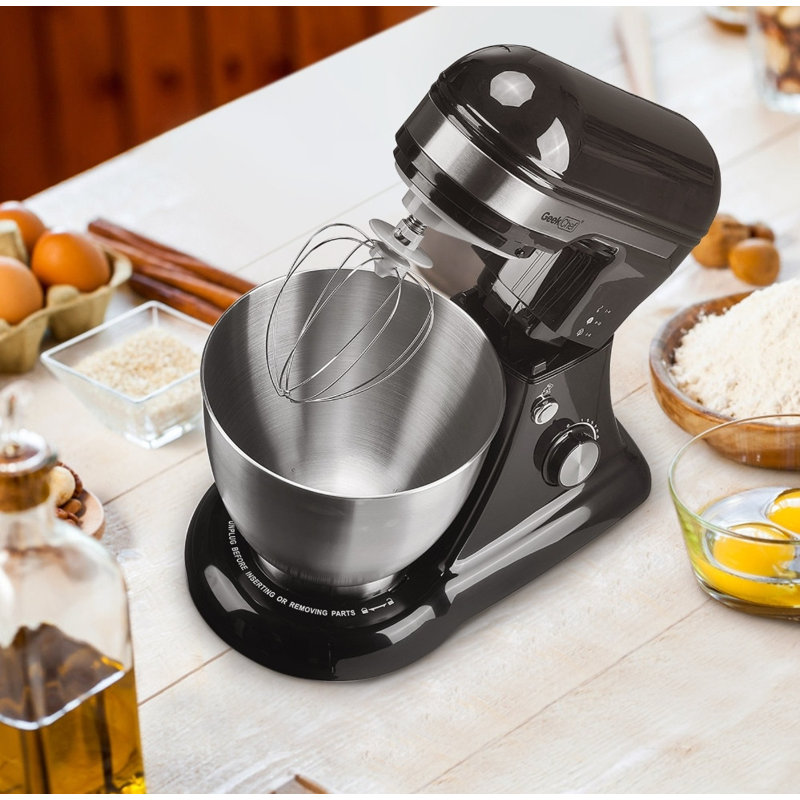 Batteur sur socle électrique Geek Chef 4,8 pte à 12 vitesses avec crochet, fouet, batteur et bol, Noir