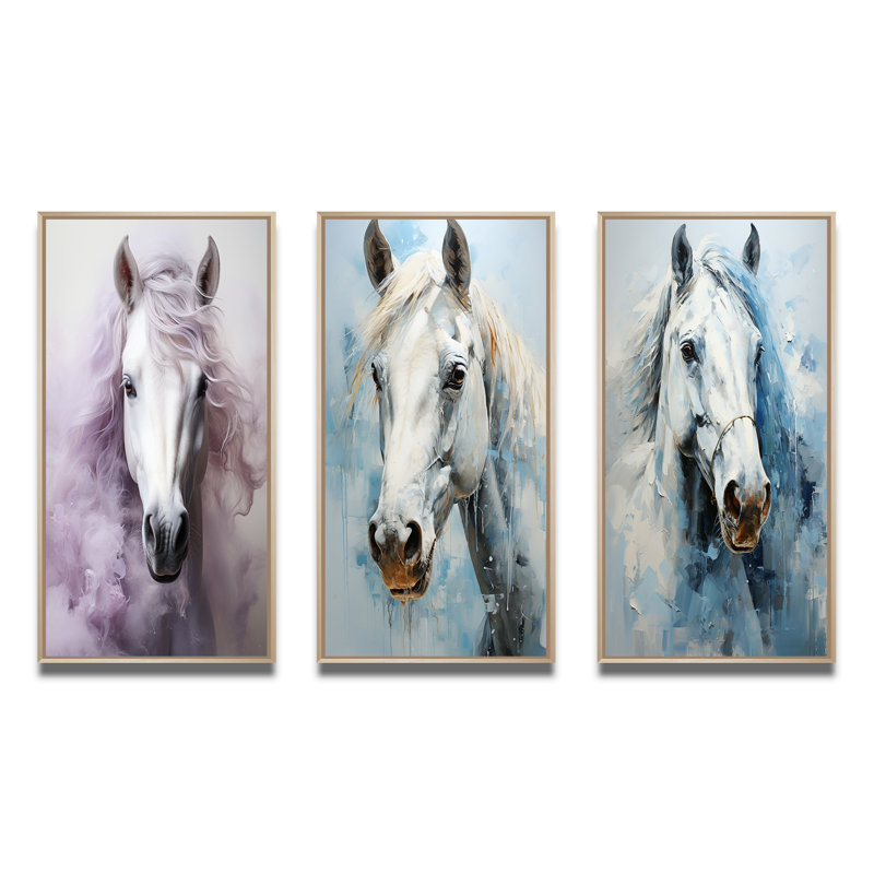 «Pink White Horse Contours», 3 pièces sur toile, Encadré naturel, H 20 po x l 36 po