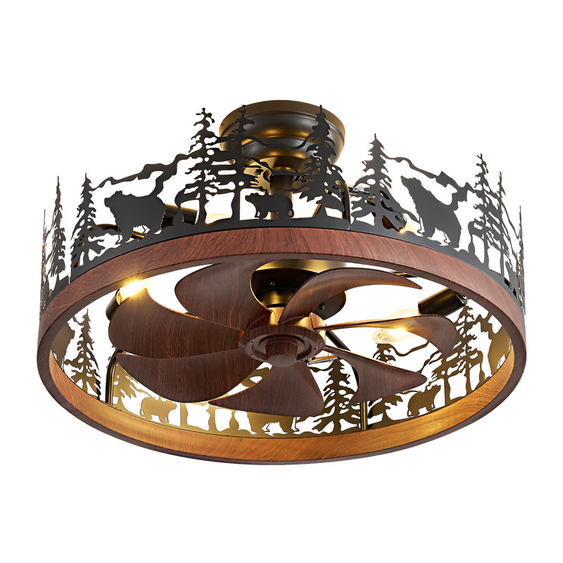 Rustic Forest Animal Metal Caged Ceiling Fan Light With Remote