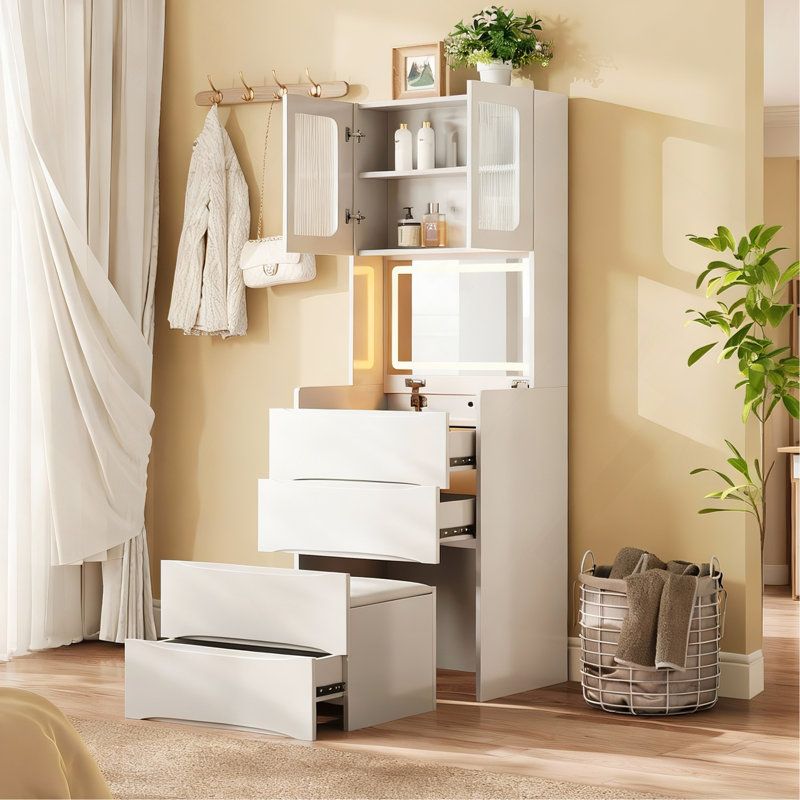 Table de coiffeuse 3-en-1 avec tabouret de rangement à miroir à DEL, coiffeuse de maquillage à dessus rabattable avec lumières réglables, organisateur de cosmétiques à 5 espaces de rangement pour la chambre à coucher