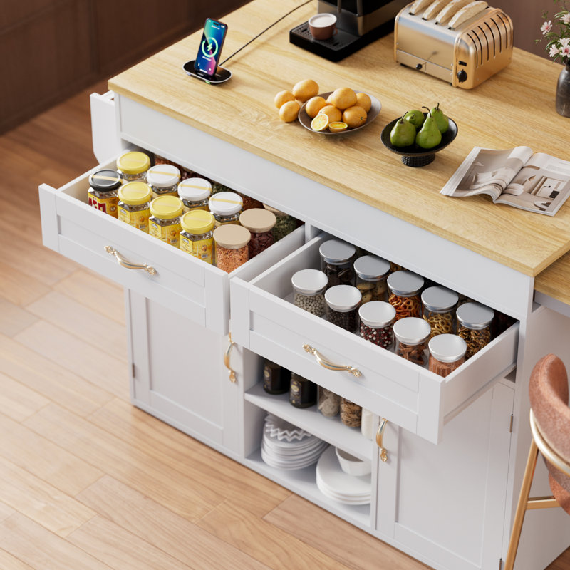 Extendable Kitchen Island With Power Outlet, Rolling Mobile Kitchen Cart With Storage | Includes Drawers, Cabinet, Spice Rack, Towel Rack, Locking Casters
