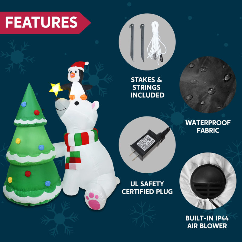 Ours polaire de Noël de 6 pi avec pingouin et arbre de Noël avec lumières DEL intégrées