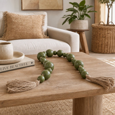 Decorative Terracotta Garland With Tassel Ends - Stylish Home Decor Objects For Living Room Decorations Or Coffee Table - 60", Green & Beige