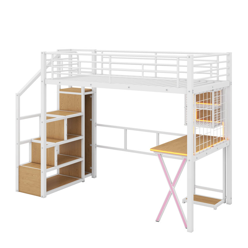 Lit mezzanine en métal avec poste de travail intégré, garde-robe, escalier de rangement et DEL, Lit simple