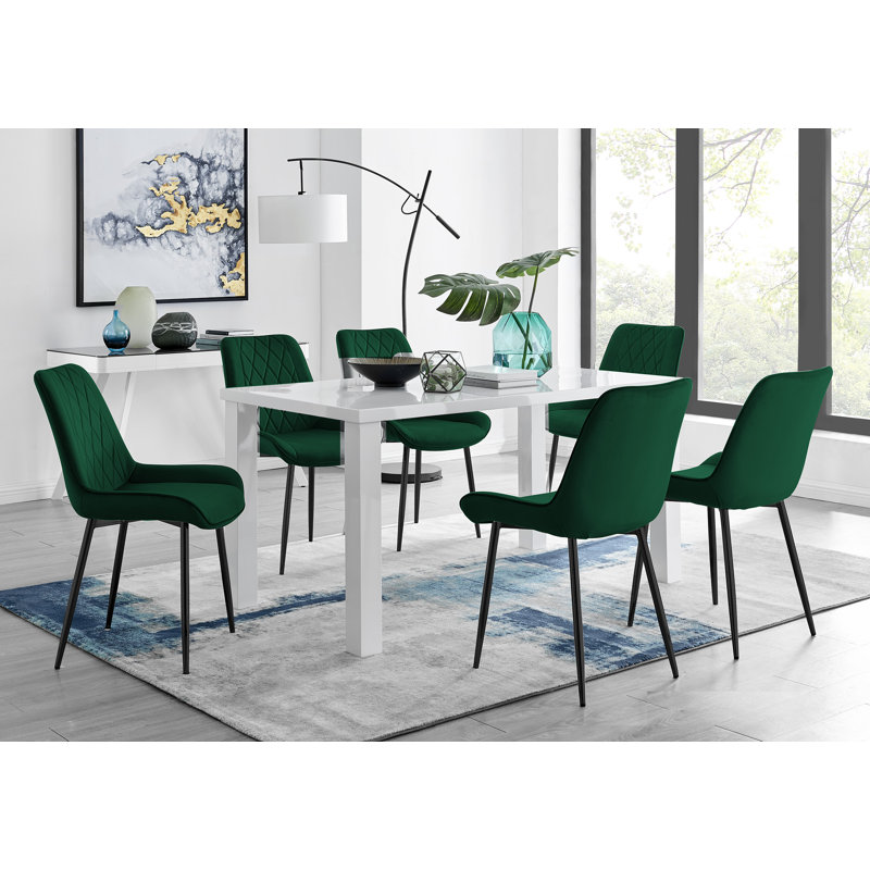Eubanks High Gloss 6 Seat Rectangular Dining Table Set with Velvet Upholstered Dining Chairs, Green/Black
