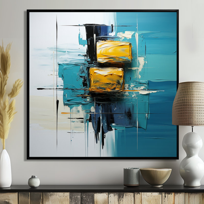 «Ebullient pensé jaune moutarde sur fond bleu», art mural abstrait, Cadre flottant noir, H 30 po x l 30 po