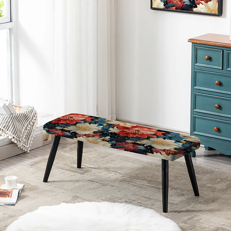 Banc rembourré floral noir, Délice floral fusion rouge et or contemporain
