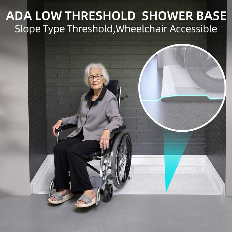72"Wx36"D ADA Handicapped Acrylic Barrier Free Shower Base Rectangular Glossy White With Center Drain