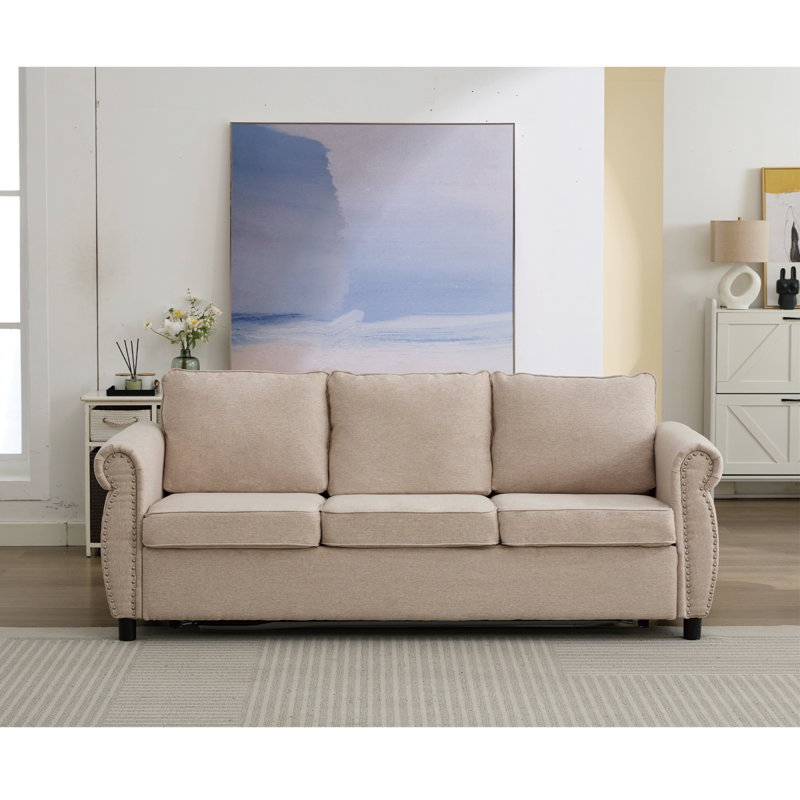 [NOUVEAU] [VIDÉO FOURNI] Canapé-lit convertible grand 2 en 1 de 81,5 po, canapé-lit escamotable, canapé-lit 3 places, avec matelas en mousse à mémoire de forme de 3,35 po, main-courante à rivets, salon, appartement, beige