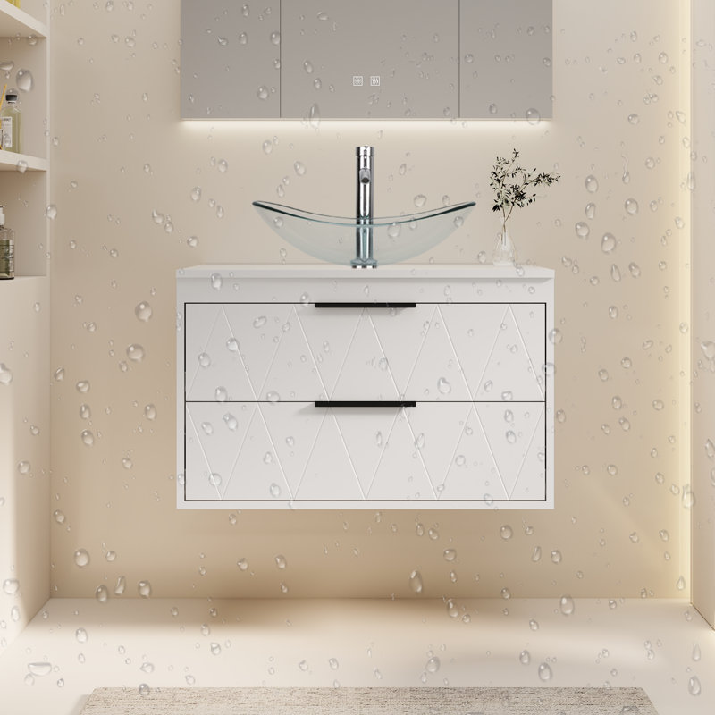 Sharee 30" Wall Mounted Single Bathroom Vanity With Ceramic Vessel Sink, Manufactured Wood Top, Faucet, Drain, White