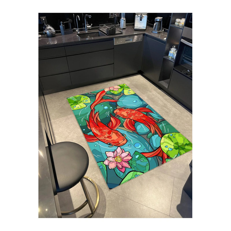 Creative Modern Decorative Carpet With Multicolored Rock And Koi Fish Pattern, Runner 2'6" x 6'7"
