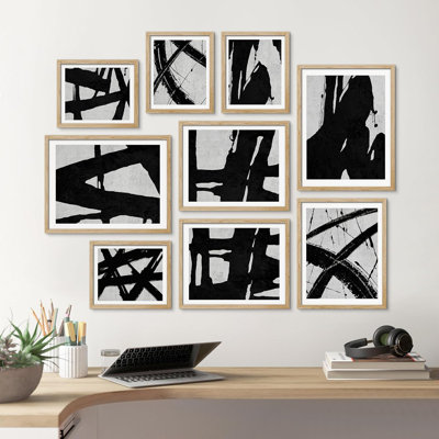 Épais coup de pinceau noir au trait, formes abstraites, art moderne pour le salon, la chambre à coucher, le bureau, impression encadrée sur papier, 9 pièces