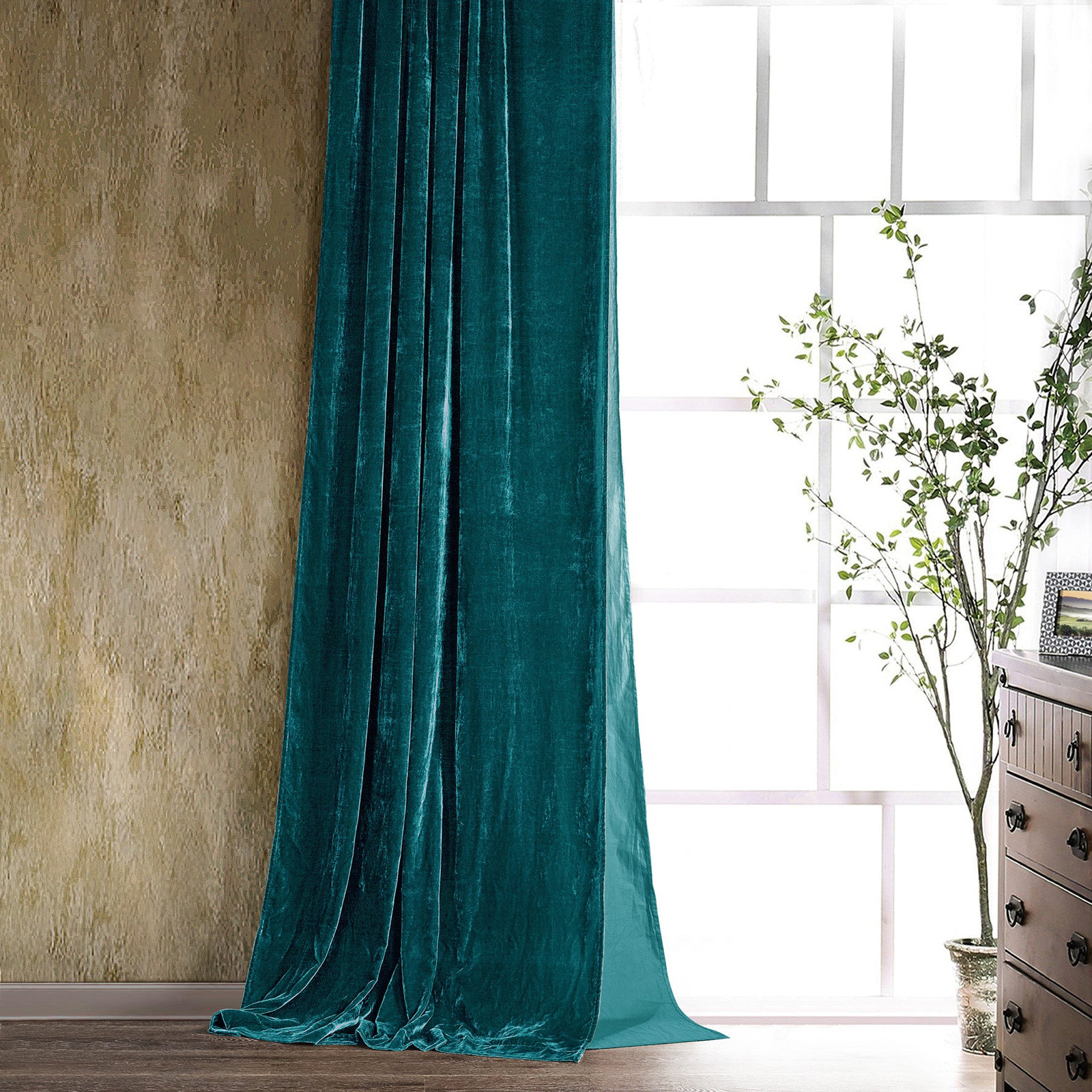 Stella Faux Silk Velvet Curtain Panel, Teal