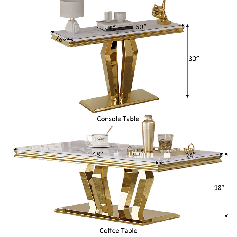 Luxurious Coffee Table And Console Table, 2-Piece White And Gold Living Room Table Set With Diamond-Shaped Base
