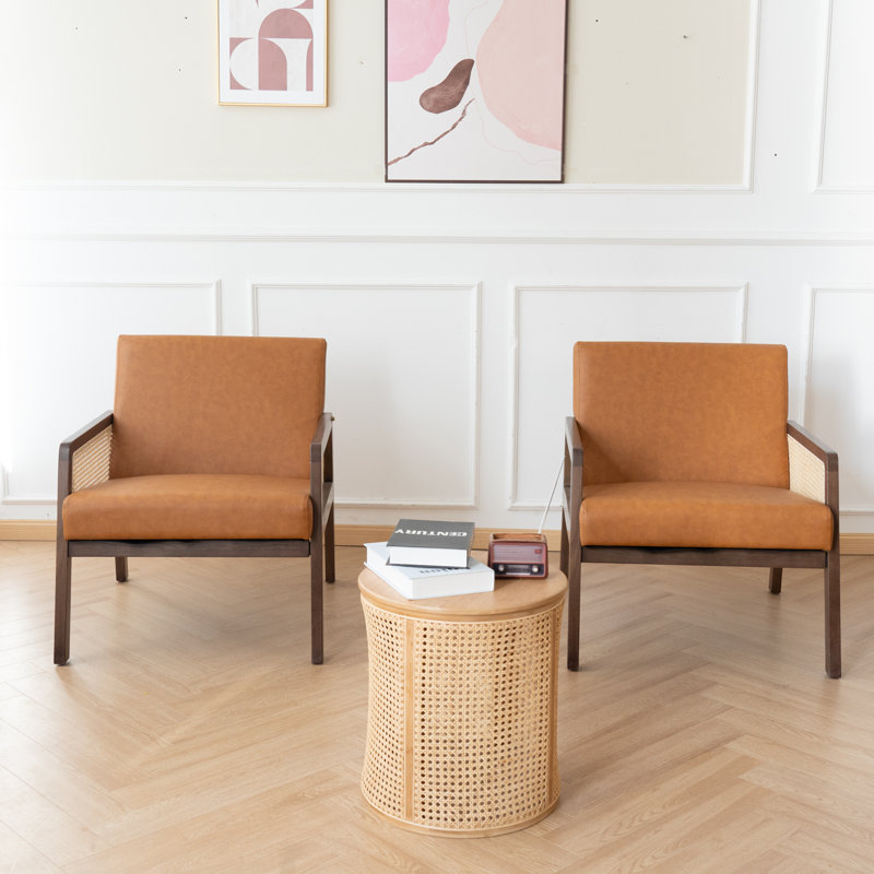 Upholstered Accent Chair With Rattan Mesh Armrests, Brown PU Leather, Brown