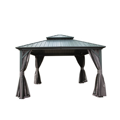 Pavillon de jardin 12 pi x avec fondu - Toit et rideau d'intimité - Pour un espace extérieur privé attrayant, patio, cour, terrasse, pelouse, auvent de conception classique de 12 pi x 12 pi charmant et protégé
