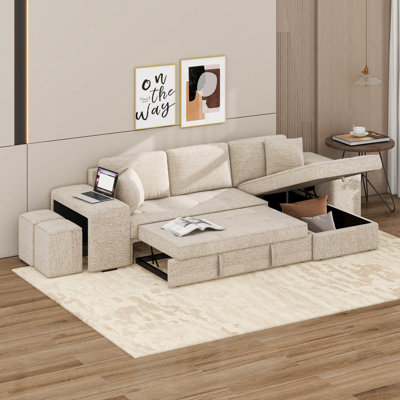 Modern L-Shape 3 Seat Reversible Sectional Couch, Pull Out Sleeper Sofa With Storage Chaise And 2 Stools
