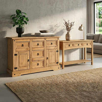 Beldane Set Of 2 Solid Wood Farmhouse Buffet Cabinet 5 Drawers 2 Doors Sideboard And Console Table With 3 Drawers
